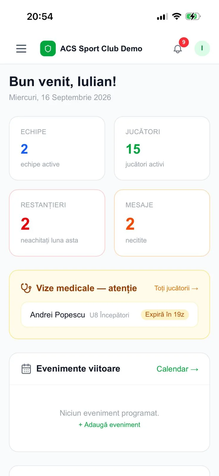 Dashboard-ul ManageSportClub pe telefon